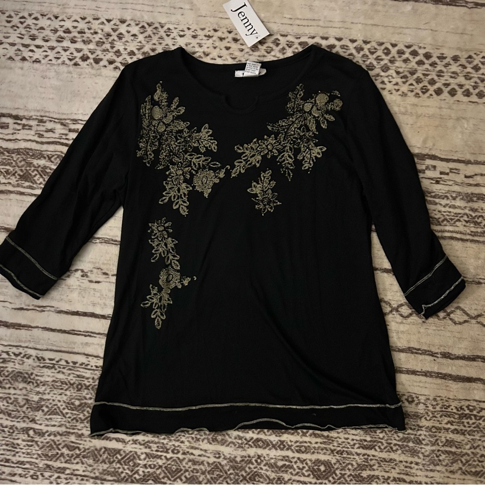 Jenny 3/4 sleeve shirt size Small black with gold embellishment